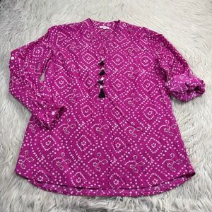 Aghata Women's M L Pink Boho Pop Over Blouse Tassel Resort Vacation Roll Tab